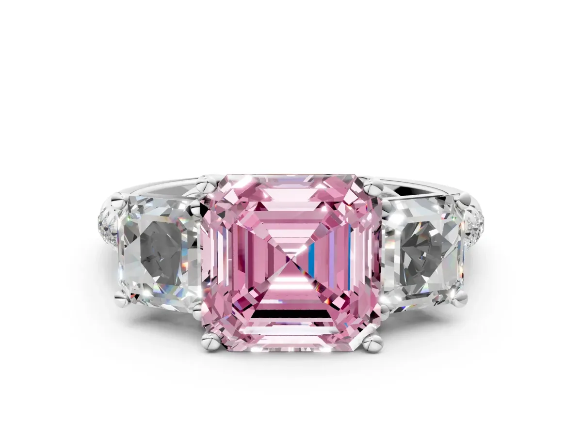 Fancy Pink Three-Stone Asscher Cut Diamond Ring with Round Pavé Band and Prong Setting Silver