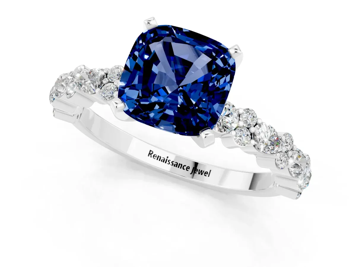 Cushion Cut Blue Sapphire Side Stone Solitaire Ring with Round and Four-Prong Setting Silver