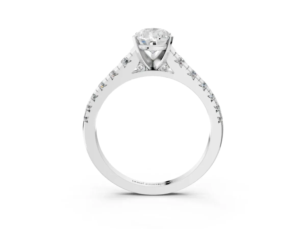 Pear Cut Diamond Cathedral Solitaire Ring with Round Pavé Band Platinum