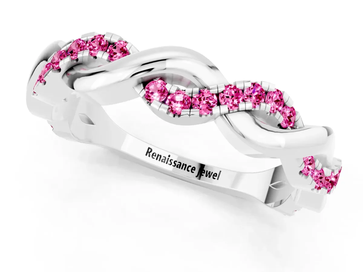 Pavé Round Pink Sapphire Twist Eternity Band with Shared Prong Setting Silver