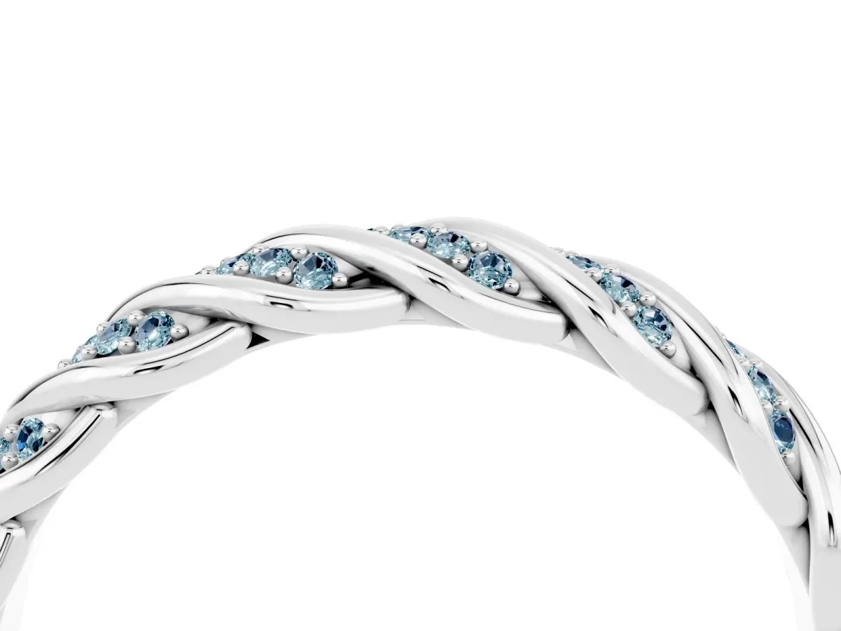 Twisted Pavé Round Aquamarine Eternity Band with Shared Prong Setting White gold