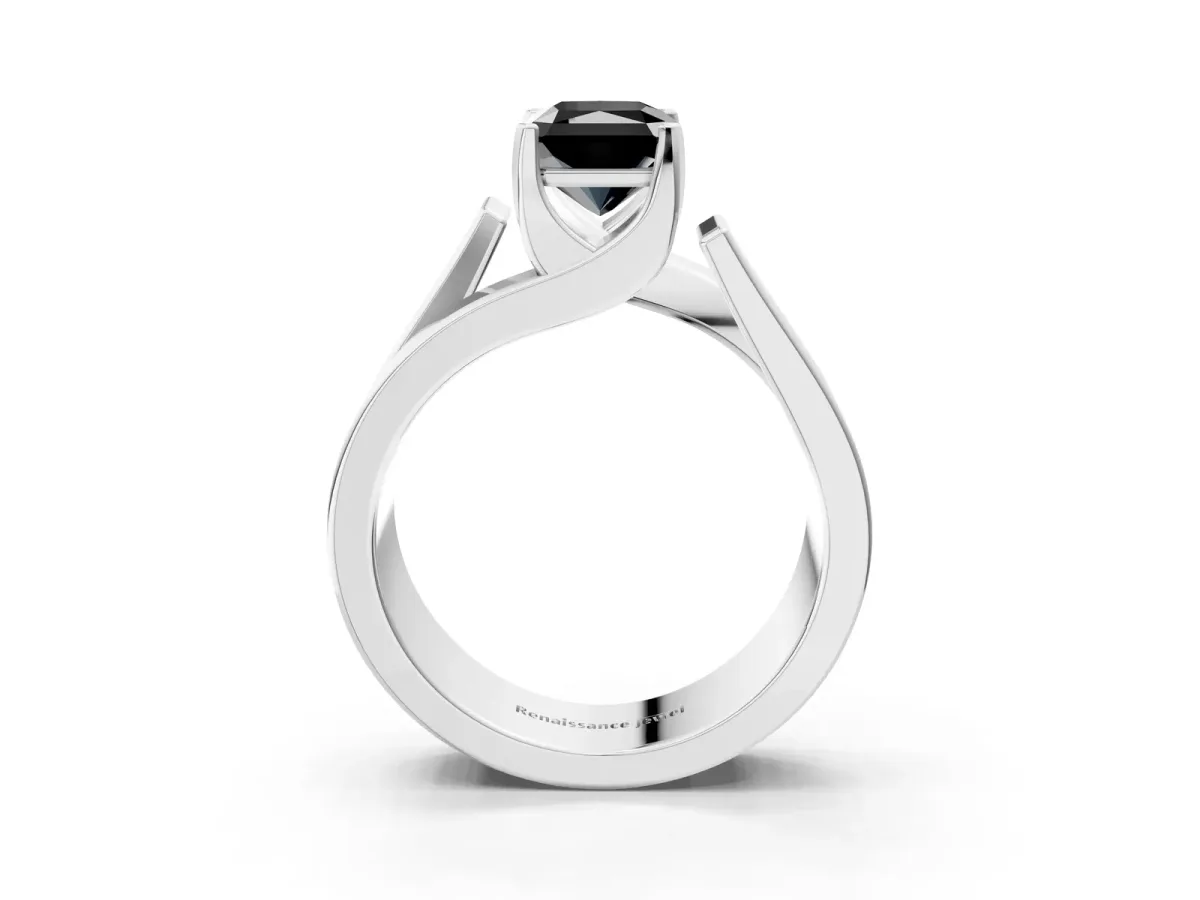 Fancy Black Modern Tension Set Radiant Cut Diamond Solitaire Wide Band Ring Silver
