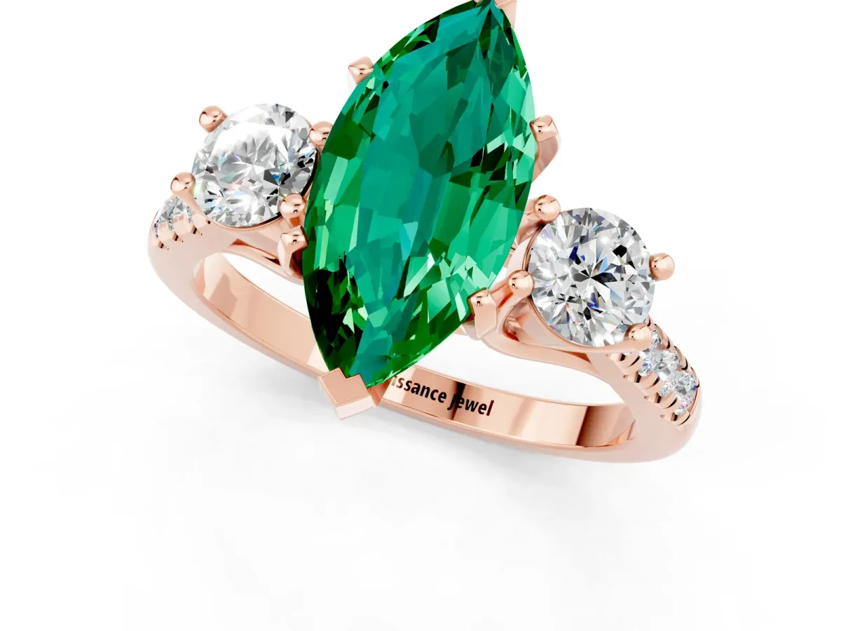 Three-Stone Marquise Cut Emerald Pavé Band with Four-Prong Setting Rose gold