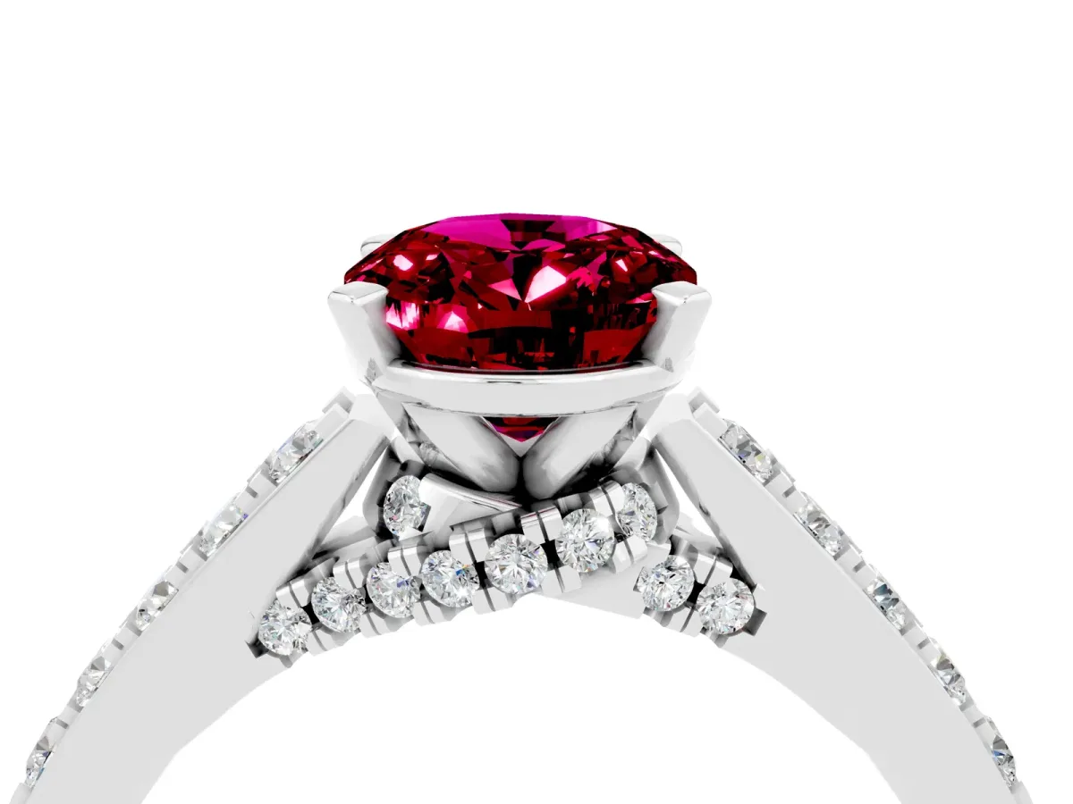 Oval Cut Garnet Solitaire Ring with Crossover Gallery and Round Pavé Band Silver