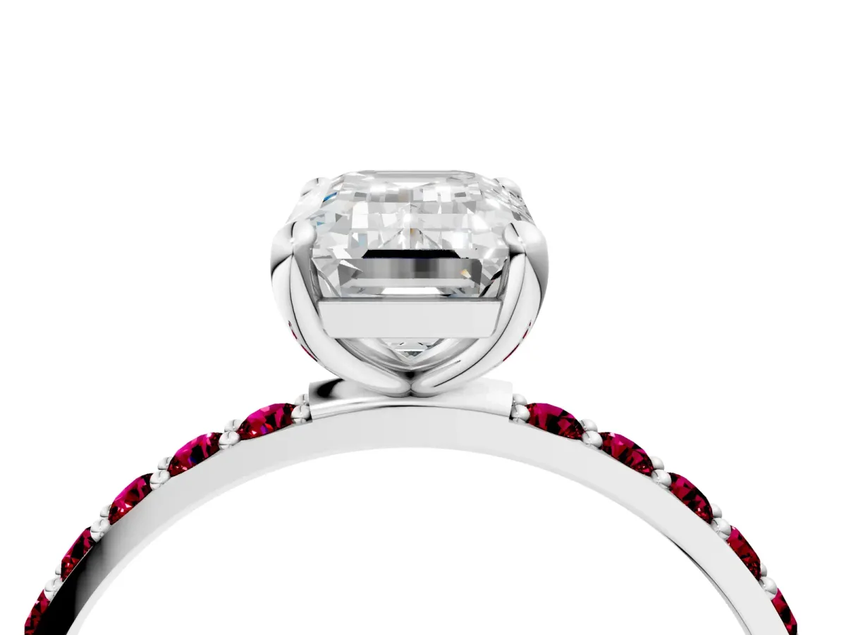 Emerald Cut Diamond Solitaire Ring with Round Garnet Pavé Band and Prong Setting Platinum