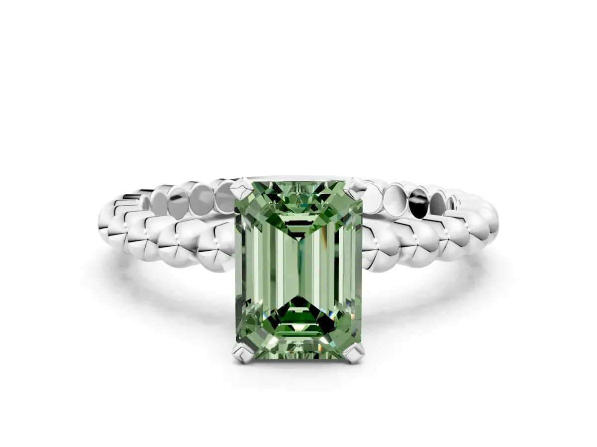 Fancy Green Emerald Cut Diamond Solitaire Ring with Beaded Band and Prong Setting Silver