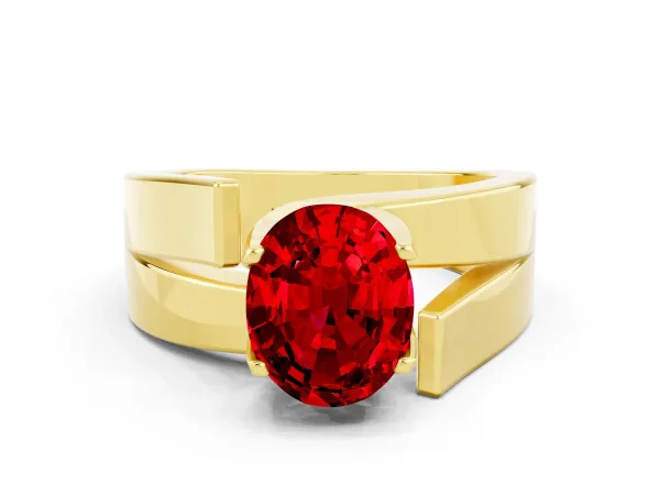 Modern Tension Set Oval Cut Ruby Solitaire Wide Band Ring Yellow gold