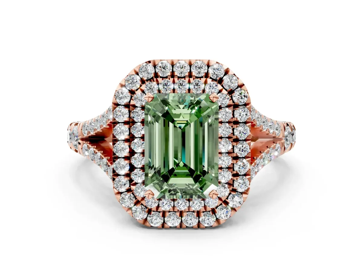 Fancy Green Emerald Cut Diamond Double Halo Ring with Split Shank and Prong Setting Rose gold