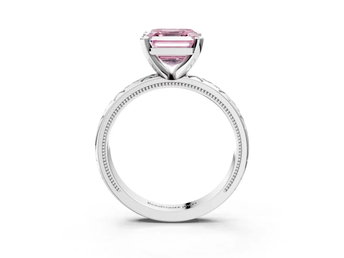Fancy Pink Asscher Cut Solitaire Engagement Ring with Scrollwork Band and Four-Prong Setting Platinum