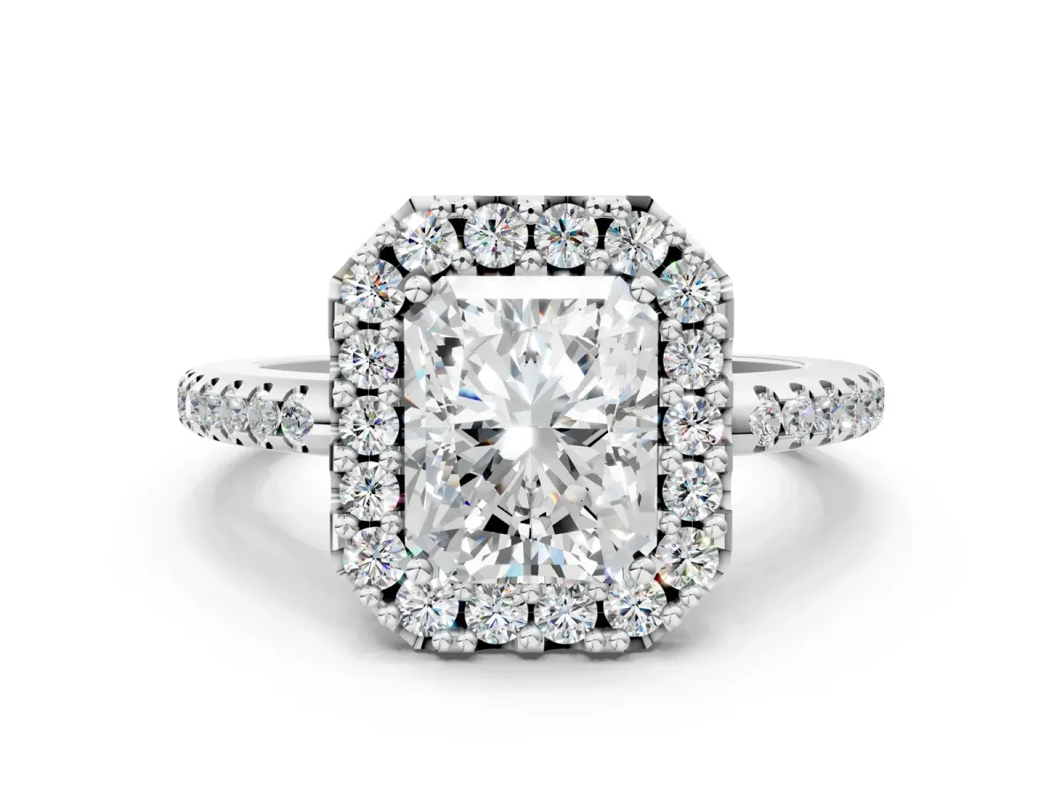 Radiant Cut Diamond Pavé Halo Ring with Four-Prong Setting Platinum