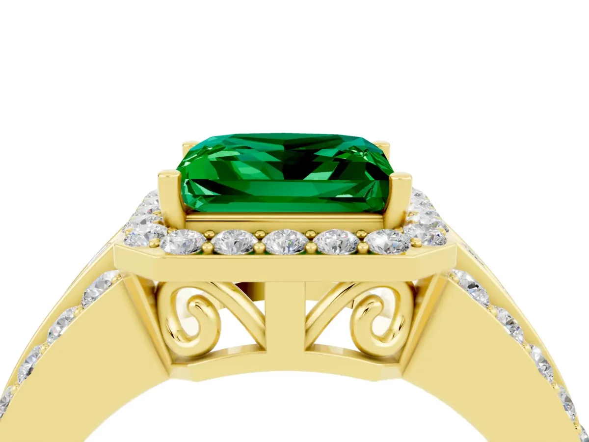 Princess Cut Halo Emerald Ring with Round Split Shank and Prong Setting Yellow gold