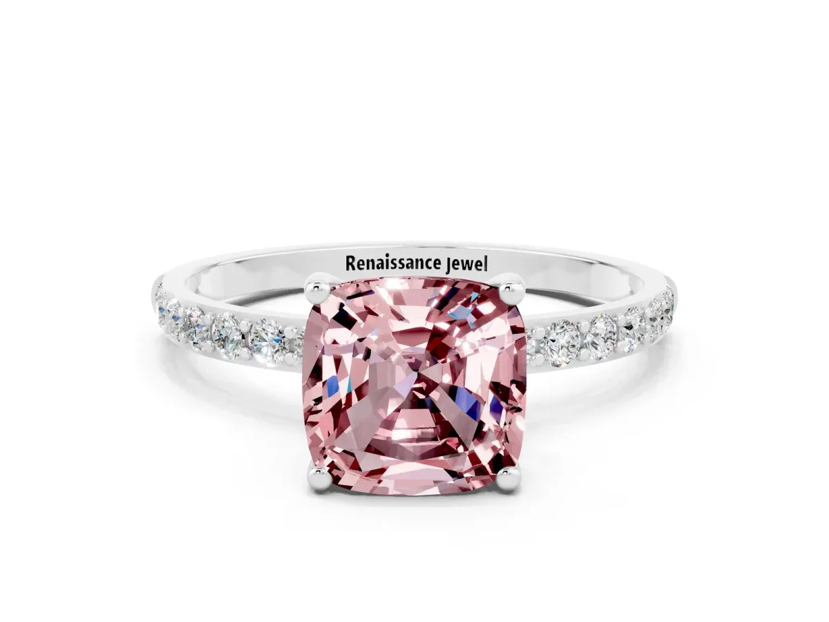 Cushion Cut Morganite Solitaire Ring with Round Pavé Band and Prong Setting Silver