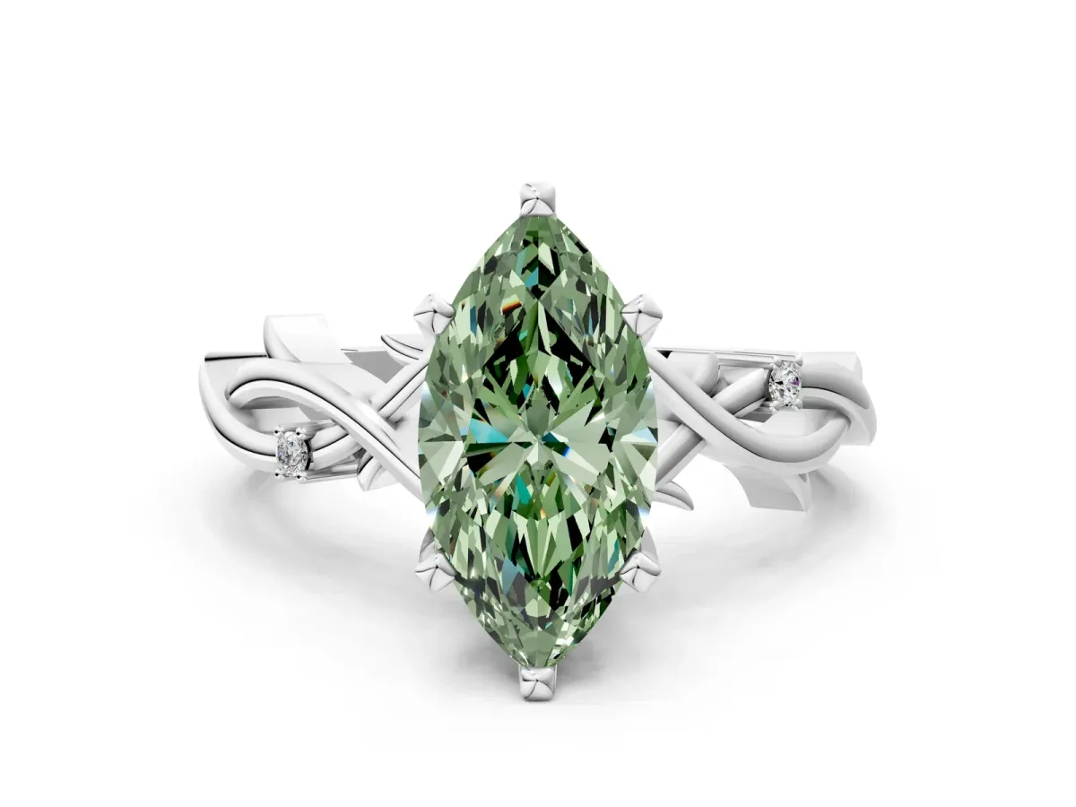 Fancy Green Marquise Cut Diamond Solitaire Ring with Twisted Band and Prong Setting Silver