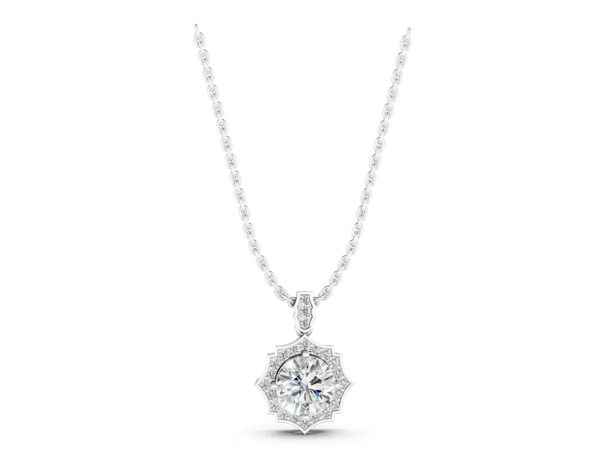 Round Diamond Halo Pendant with Milgrain Prong Setting Silver