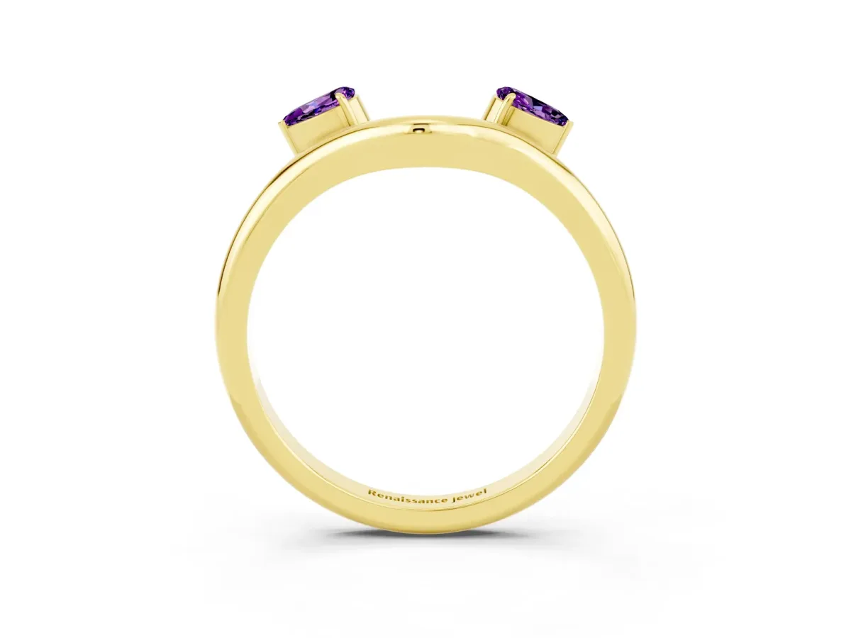 Pear Cut Amethyst Two-Stone Open Band Ring with Prong Setting Yellow gold