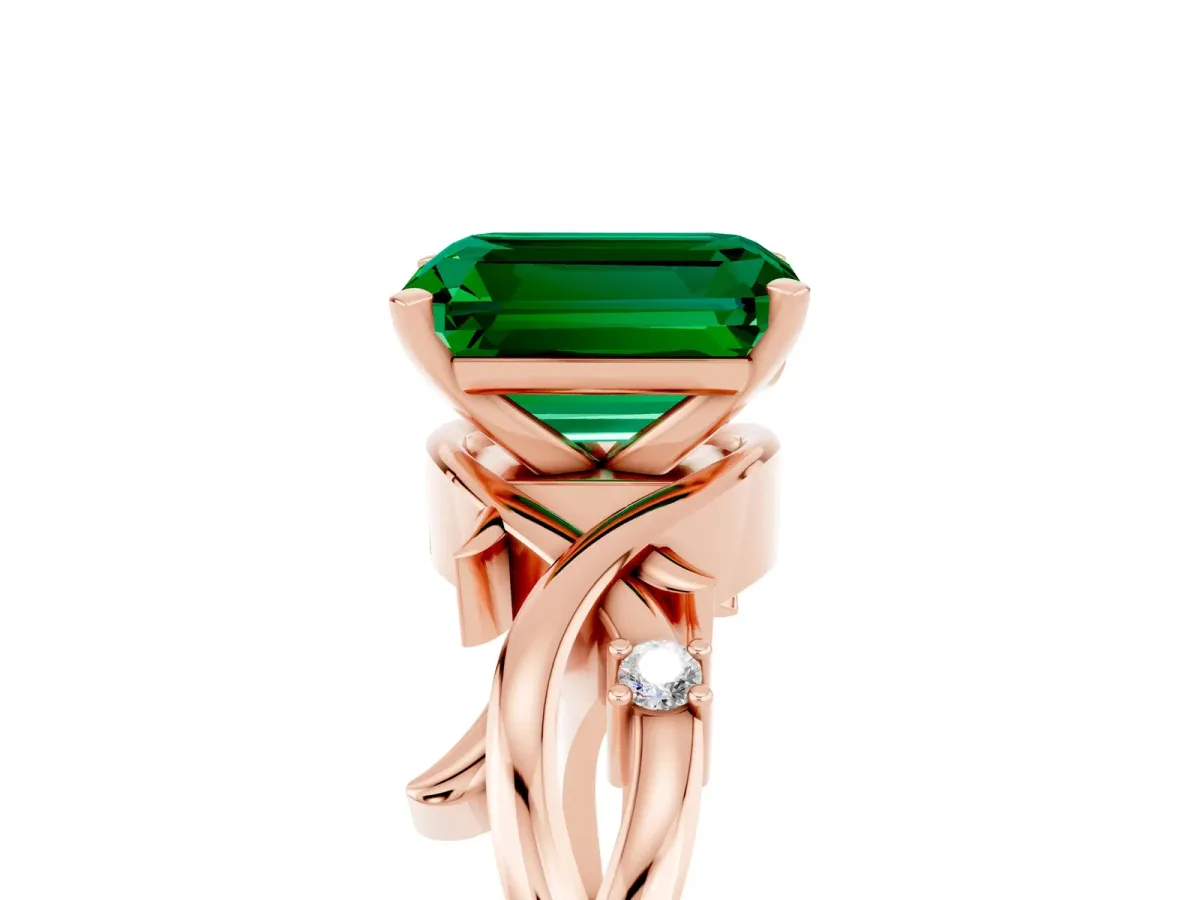 Emerald Cut Emerald Solitaire Ring with Twisted Band and Prong Setting Rose gold