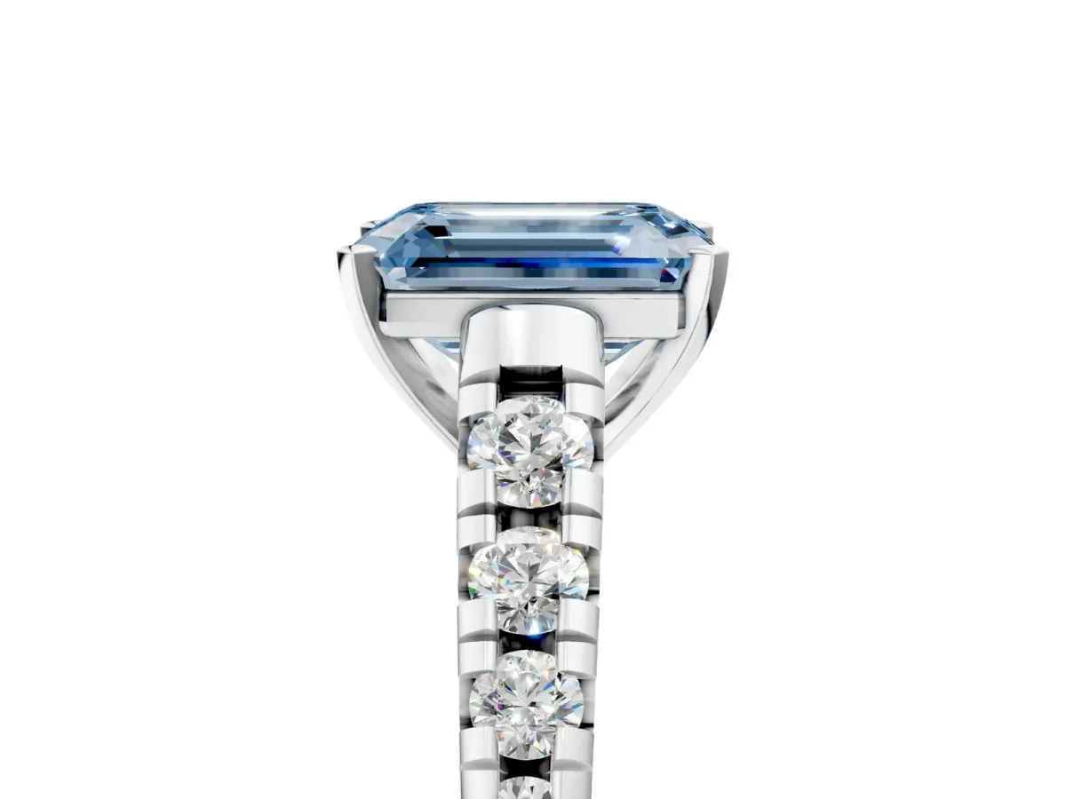 Fancy Blue Emerald Cut Diamond Cathedral Solitaire Ring with Round Pavé Band Silver