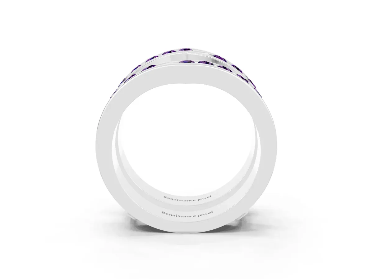 Round Amethyst Channel-Set Chevron Band Silver