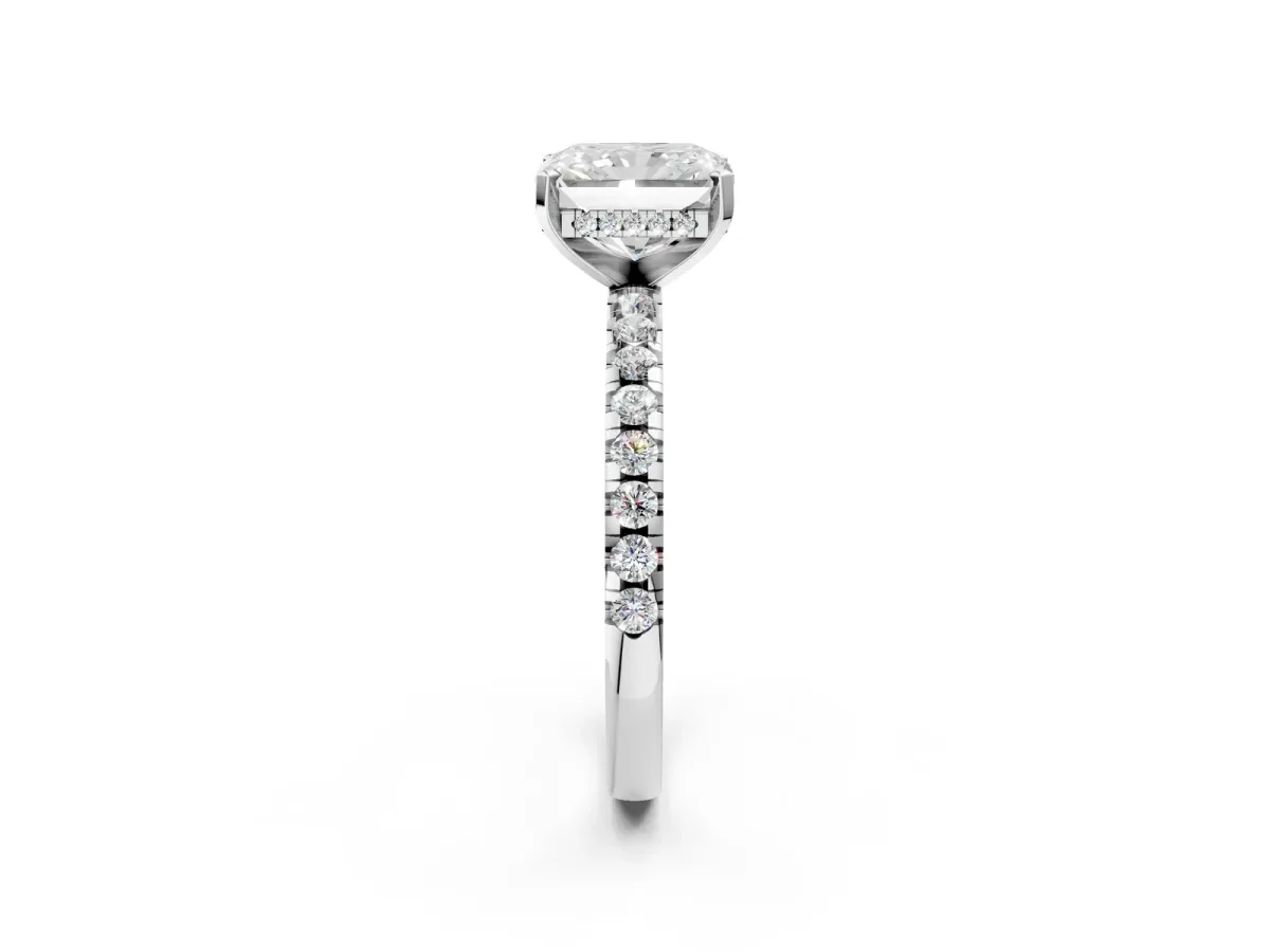 Radiant Cut Diamond Solitaire Ring with Round Pavé Band and Four-Prong Setting Silver