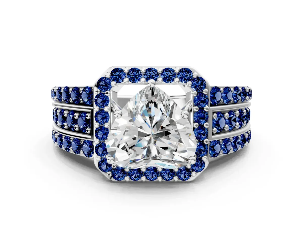 Heart Cut Halo Diamond Ring with Round Blue Sapphire Split Shank and Prong Setting Silver