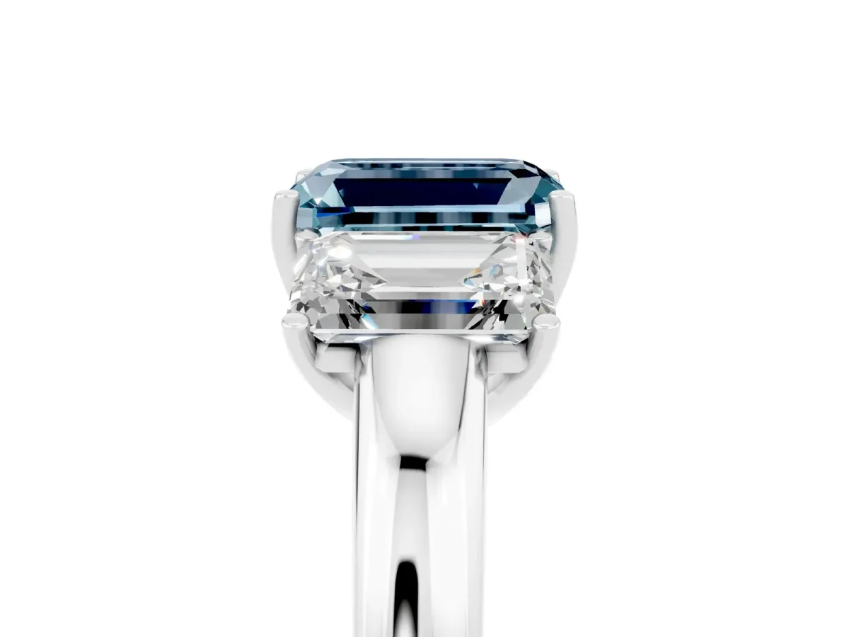 Emerald Cut Aquamarine Three-Stone Ring with Four-Prong Setting and Classic Band Silver