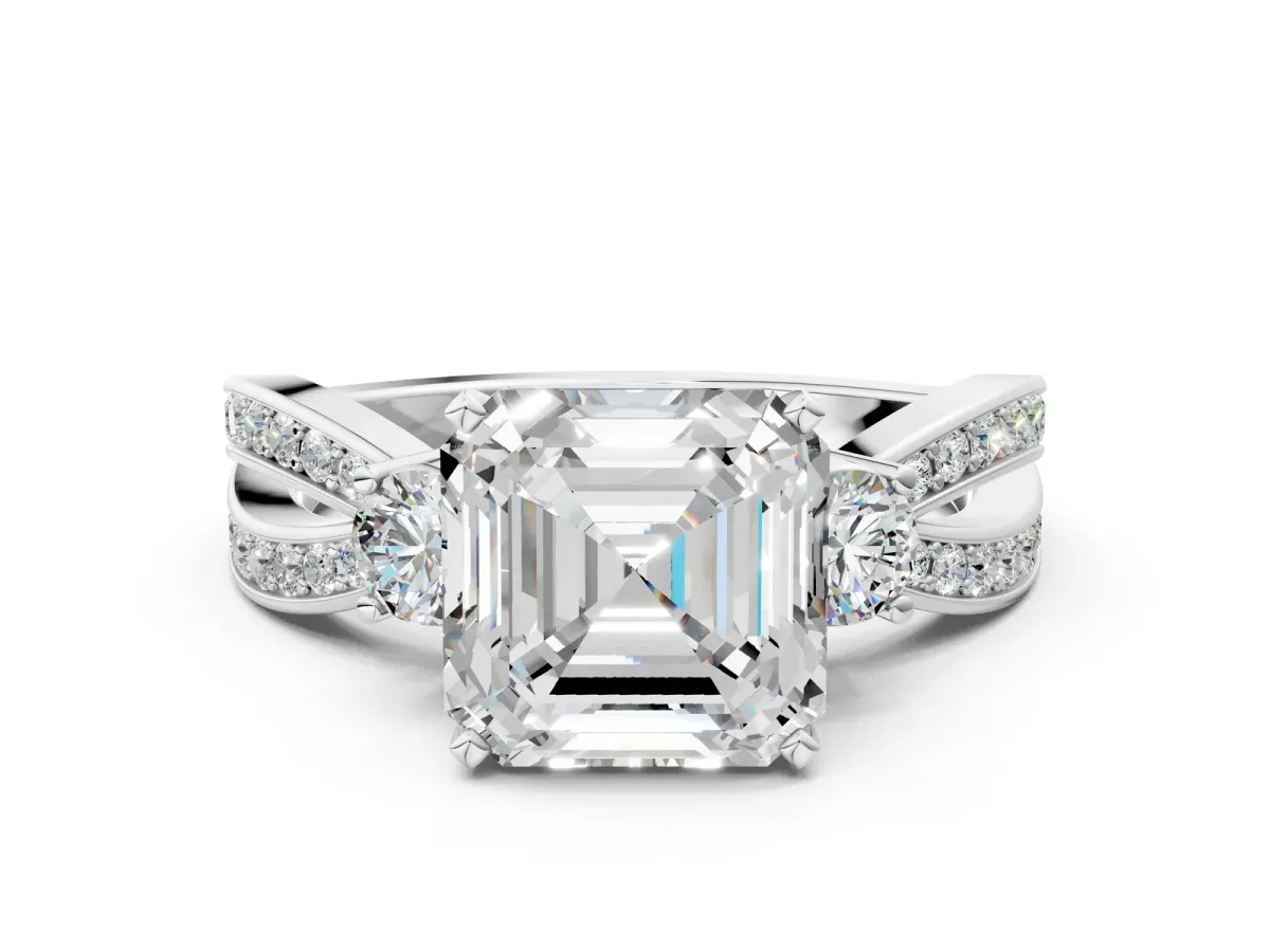 Three-Stone Asscher Cut Cut Diamond Twist Band with Prong Setting Platinum