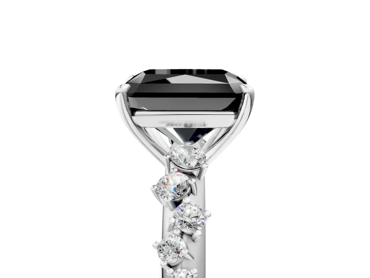 Fancy Black Radiant Cut Diamond Cluster Side Stone Solitaire Ring with Prong Setting Platinum