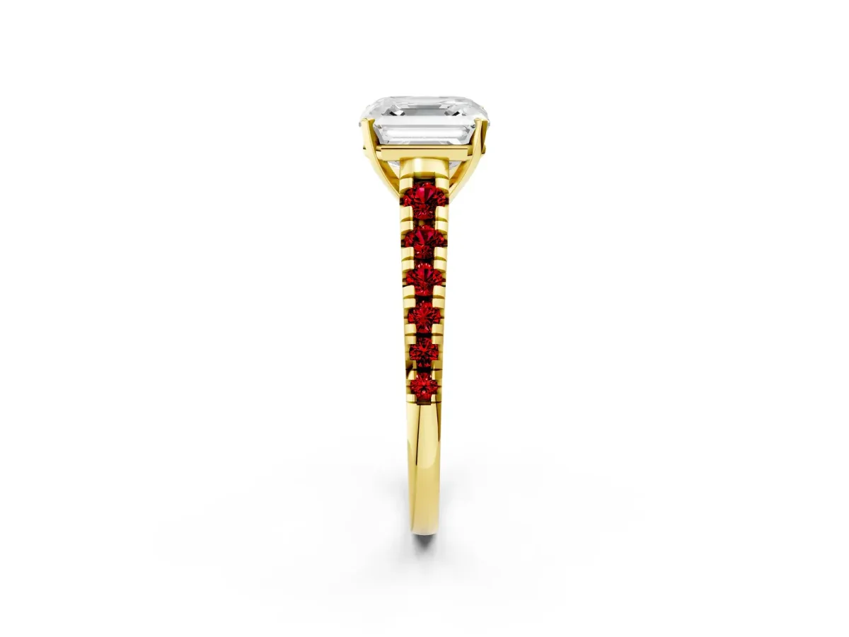 Asscher Cut Diamond Cathedral Solitaire Ring with Round Ruby Pavé Band Yellow gold