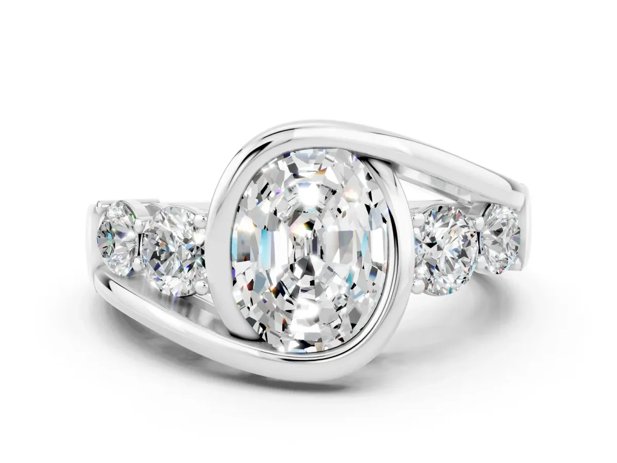 Bezel Set Oval Cut Moissanite Bypass Ring with Round Accents Silver