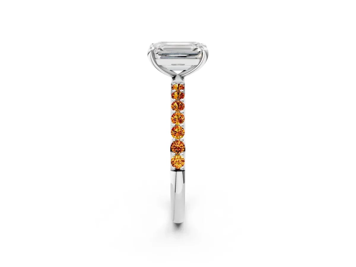 Emerald Cut Diamond Solitaire Ring with Round Citrine Pavé Band and Prong Setting Silver
