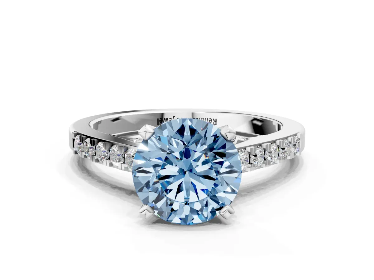 Fancy Blue Round Cut Diamond Solitaire Ring with Crossover Gallery and Round Pavé Band Silver