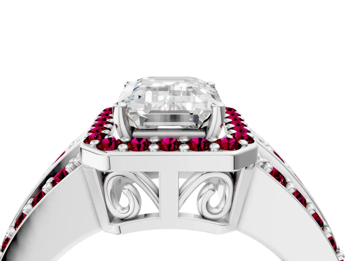 Emerald Cut Halo Diamond Ring with Round Garnet Split Shank and Prong Setting Silver