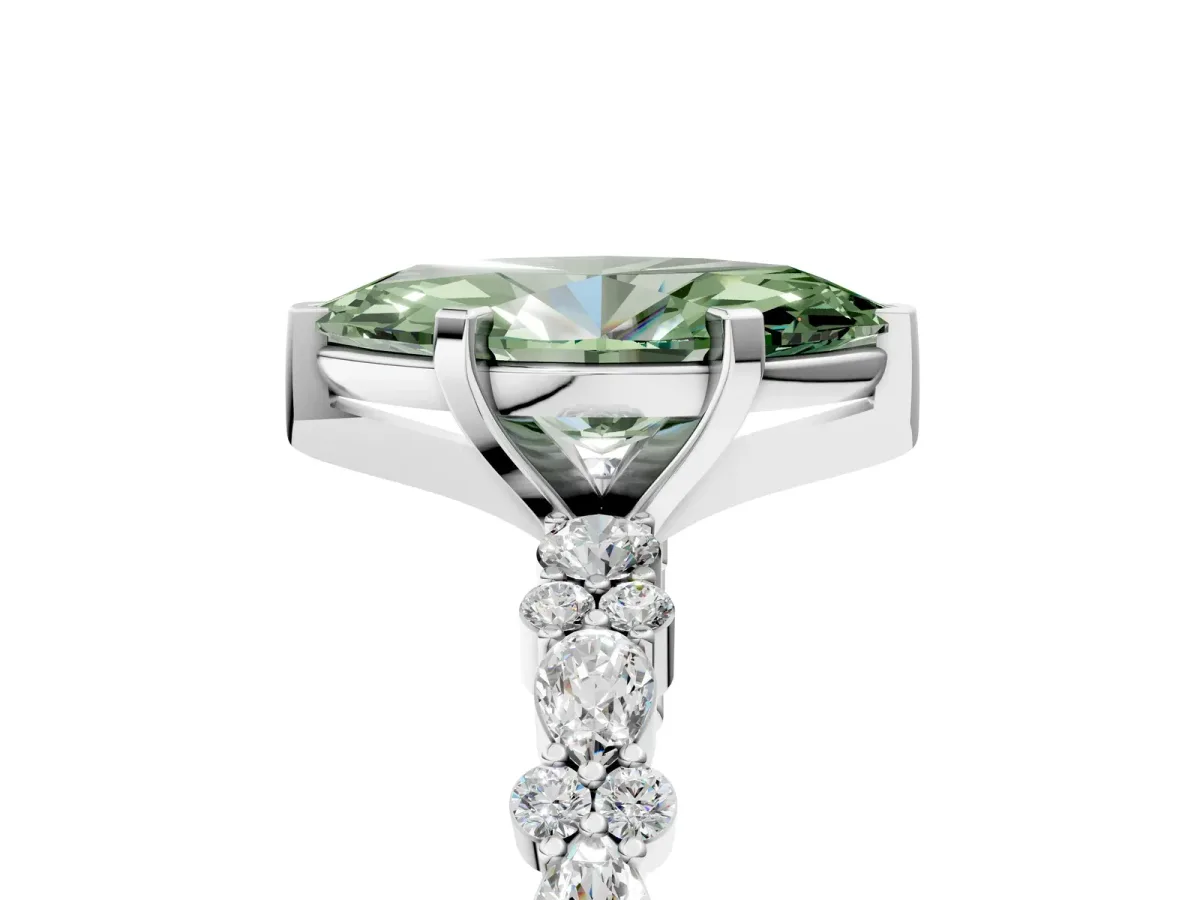 Fancy Green Marquise Cut Diamond Side Stone Solitaire Ring with Round and Four-Prong Setting Platinum