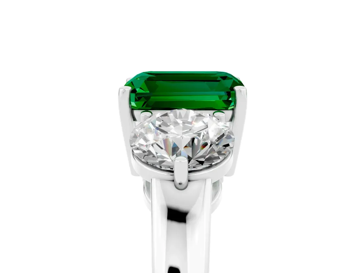 Emerald Cut Emerald Three-Stone Ring with Prong Setting and Classic Band White gold