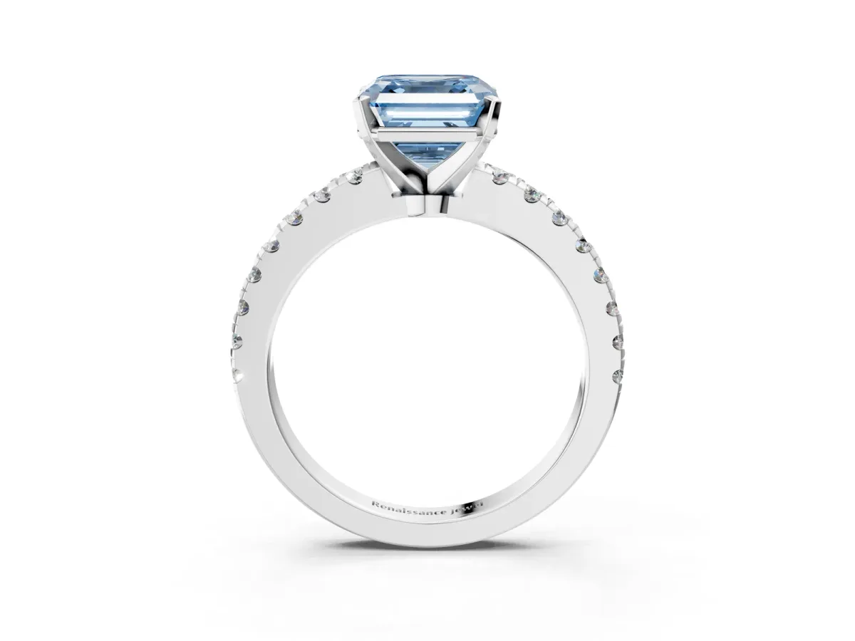 Fancy Blue Asscher Cut Solitaire Diamond with Pavé Band and Four-Prong Setting Silver