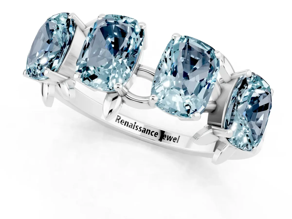 Emerald Cut Aquamarine Prong-Set Half Eternity Band Silver