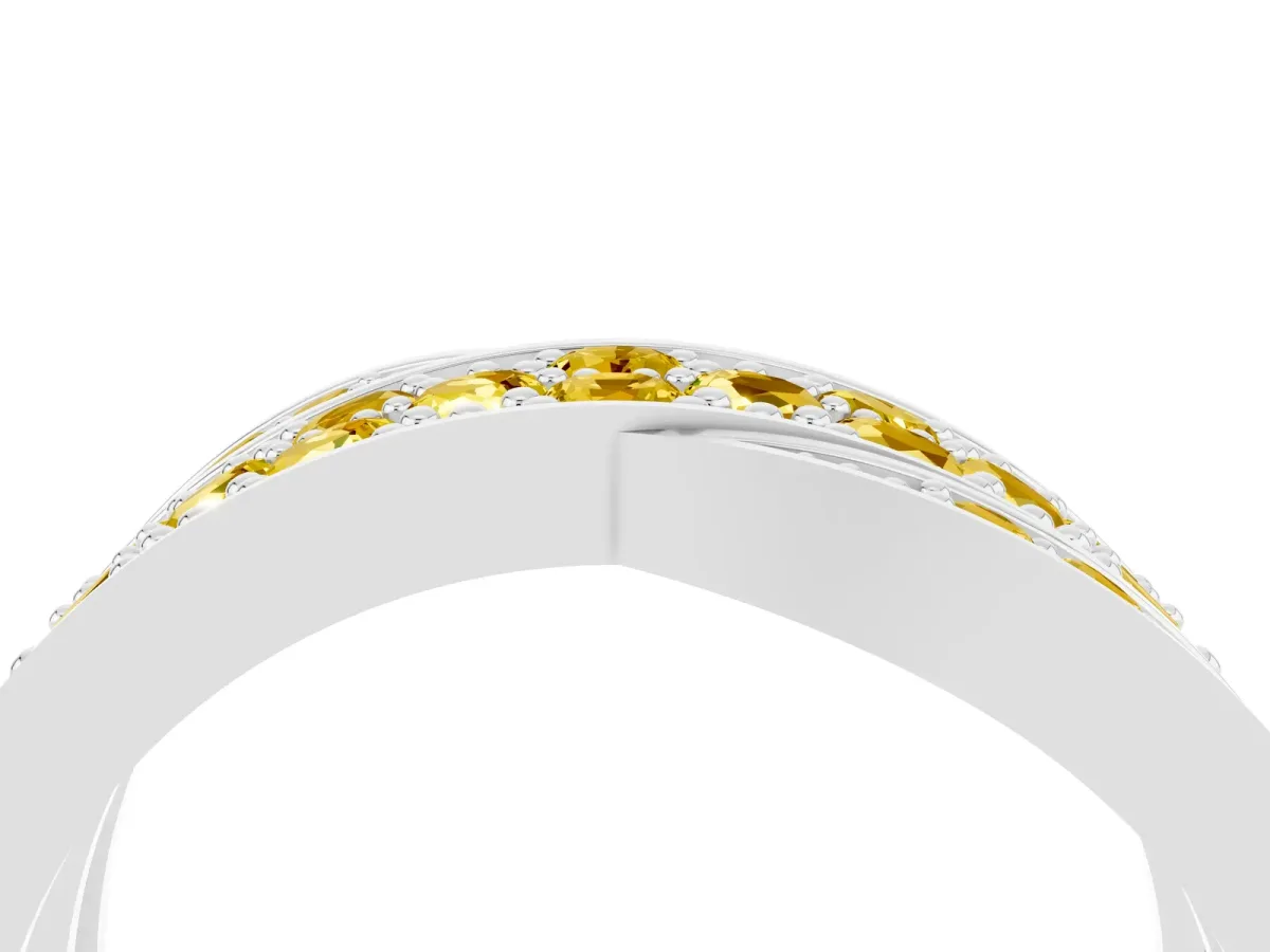 Pavé Round Yellow Sapphire Crossover Band with Bead Prong Setting Platinum