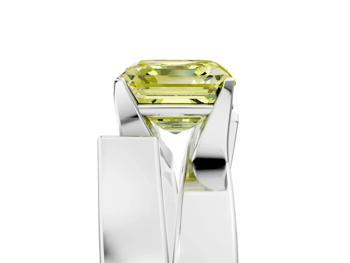 Fancy Yellow Modern Tension Set Asscher Cut Diamond Solitaire Wide Band Ring Silver