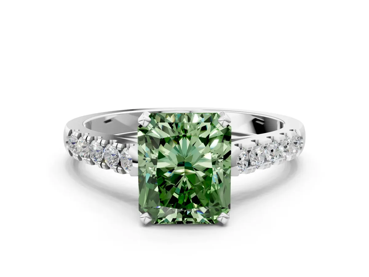 Fancy Green Radiant Cut Diamond Pavé Band Solitaire Ring with Prong Setting Platinum