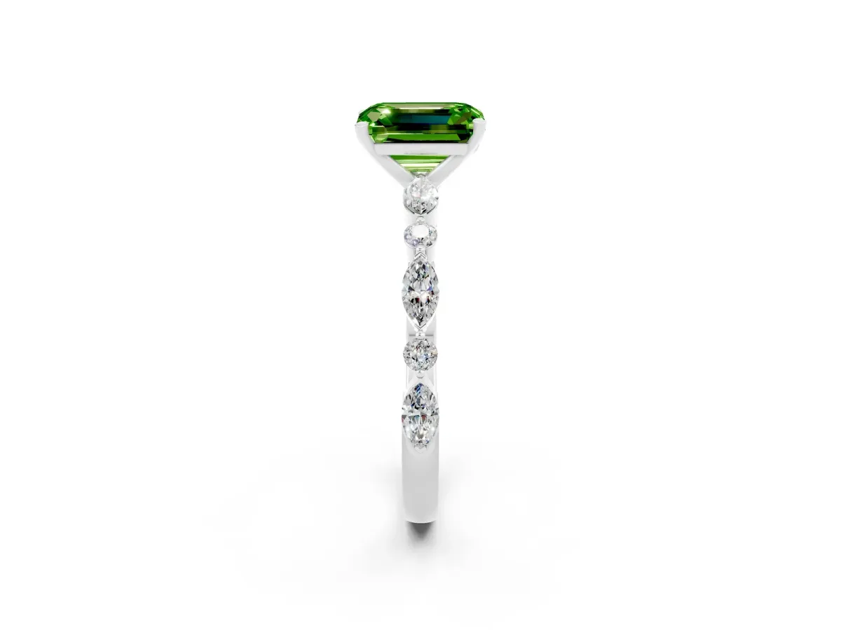 Emerald Cut Peridot Ring with Marquise and Round Side Stones and Four-Prong Setting Silver