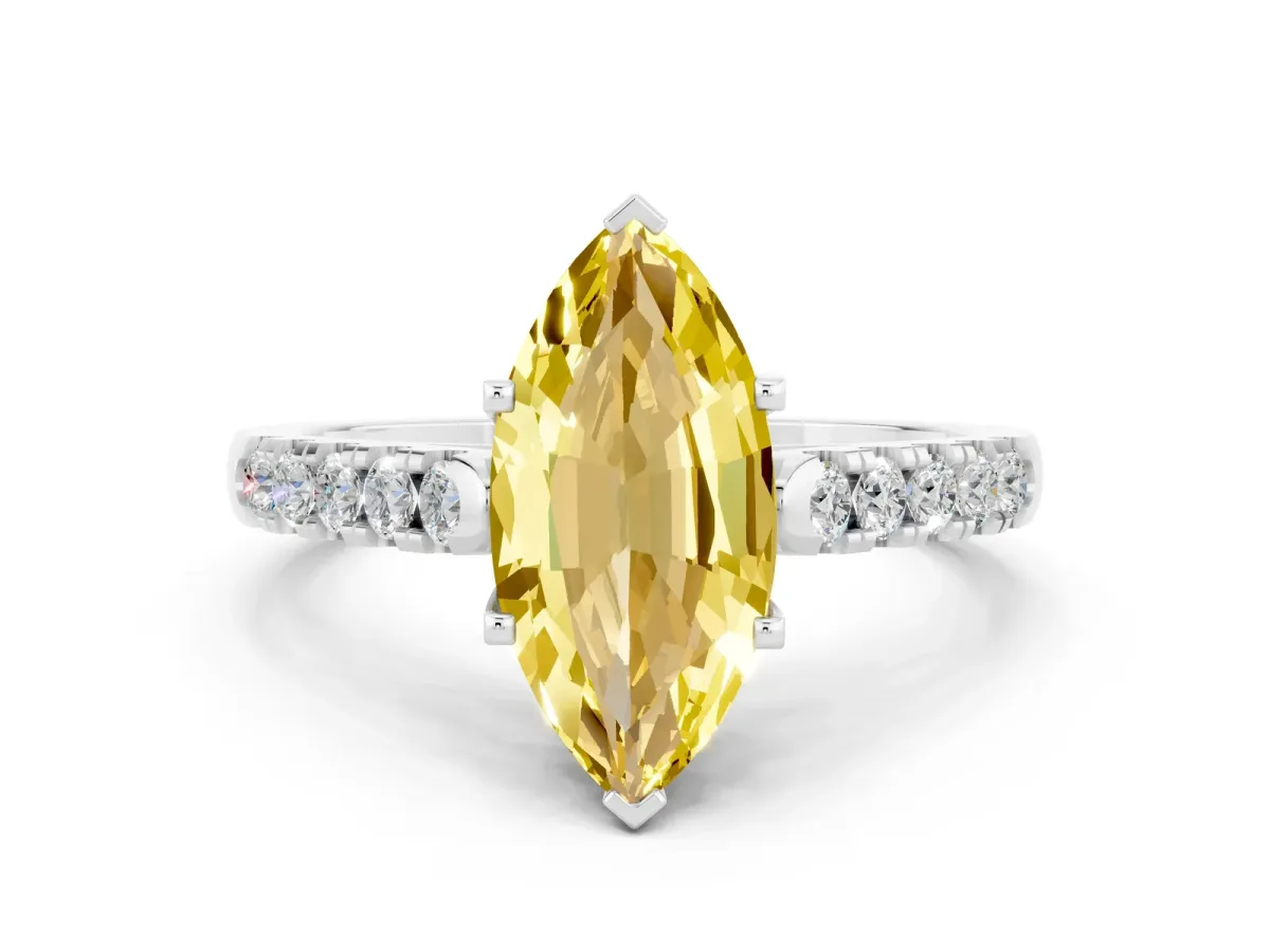 Marquise Cut Yellow Sapphire Pavé Band Solitaire Ring with Prong Setting Silver