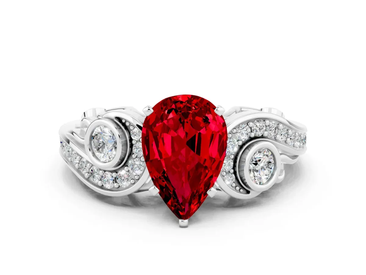 Pear Cut Ruby Solitaire Ring with Milgrain Pavé Band and Four-Prong Setting Platinum