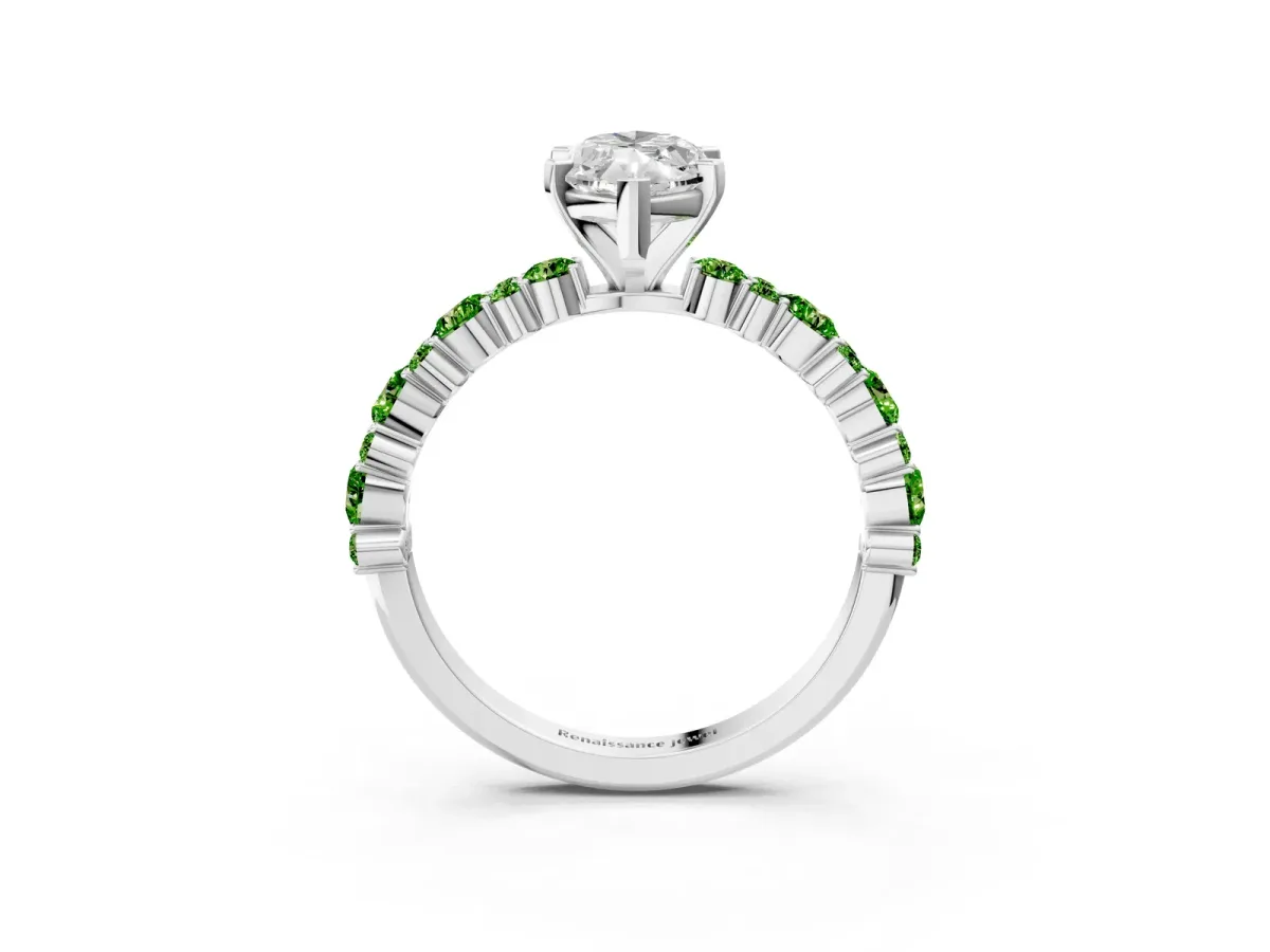 Marquise Cut Diamond Side Stone Solitaire Ring with Round Peridot and Four-Prong Setting Silver