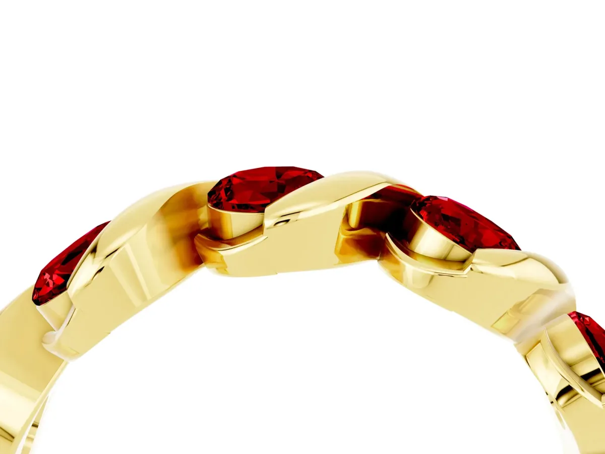 Round Ruby Wave Band with Channel Setting and Shared Prongs Yellow gold