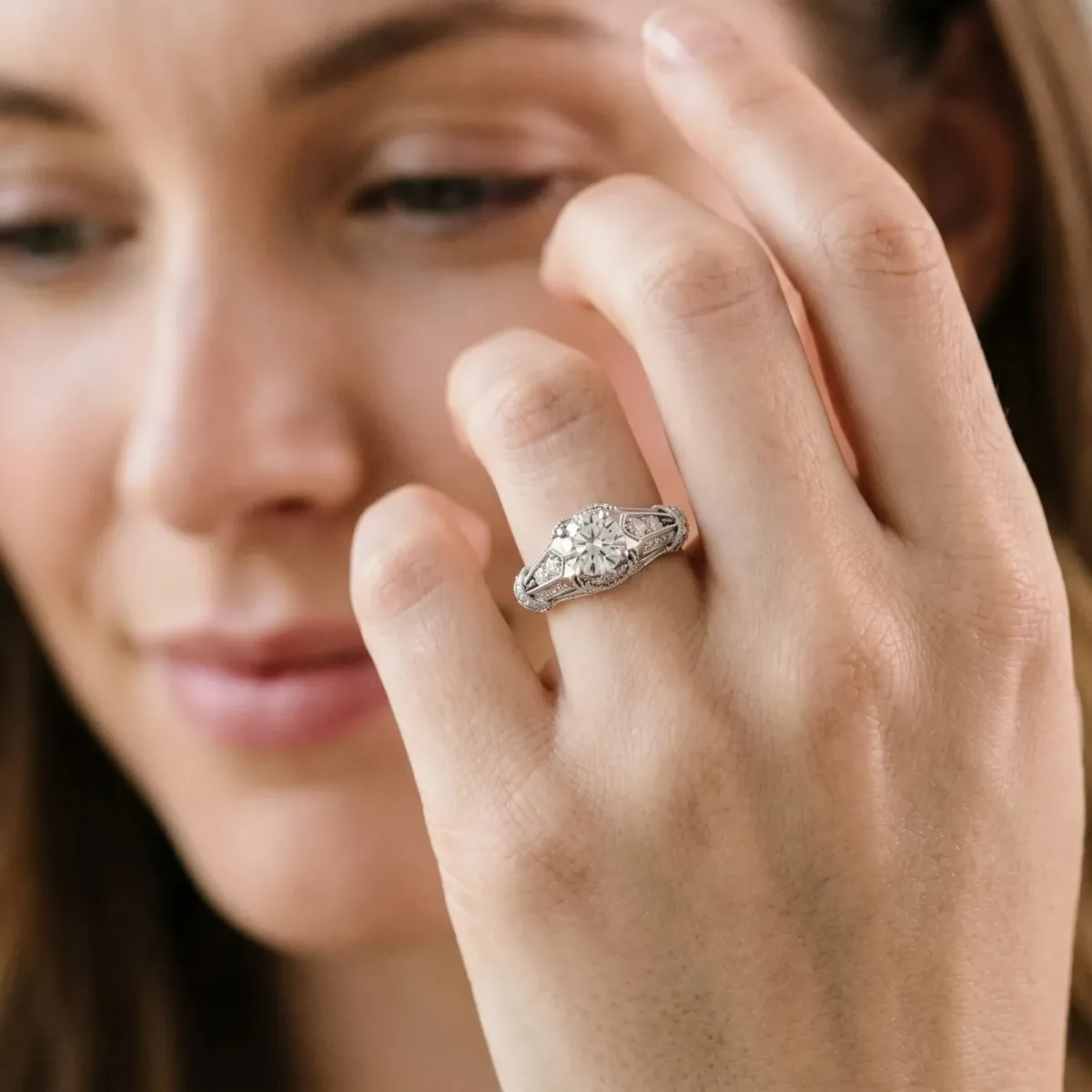 Vintage Milgrain Round Cut Diamond Split Shank Ring with Prong Setting Platinum