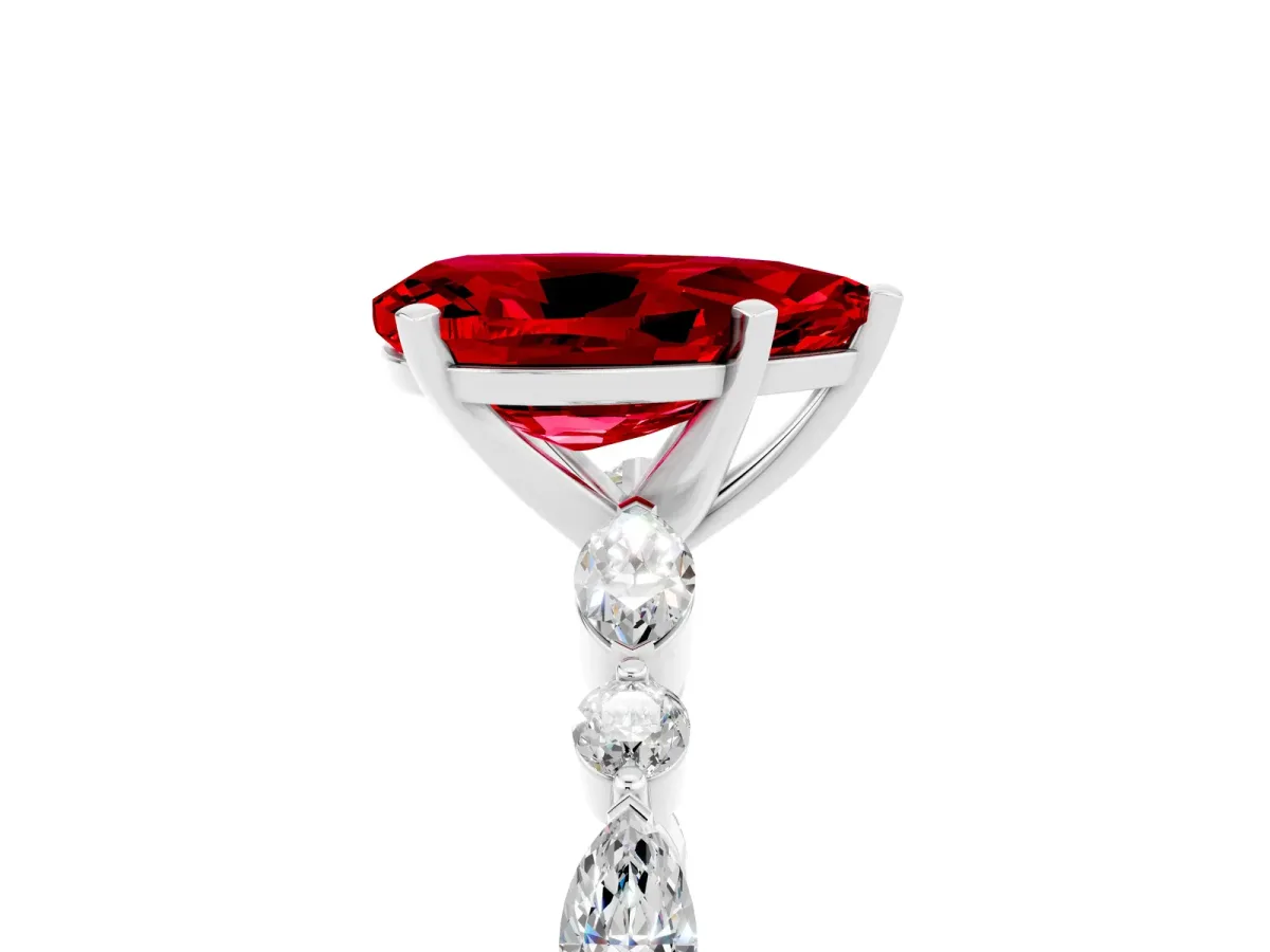 Pear Cut Ruby Ring with Marquise and Round Side Stones and Four-Prong Setting Silver