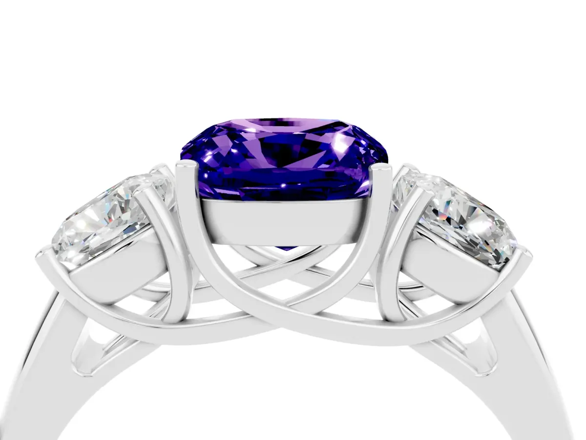 Three-Stone Cushion Cut Tanzanite Engagement Ring with Prong Setting White gold