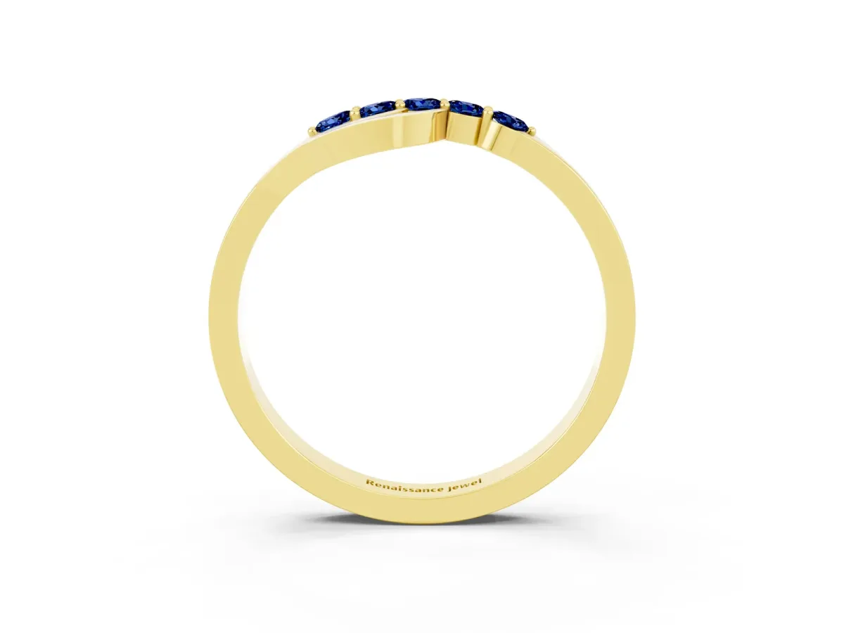 Five-Stone Round Blue Sapphire Crossover Band with Prong Setting Yellow gold