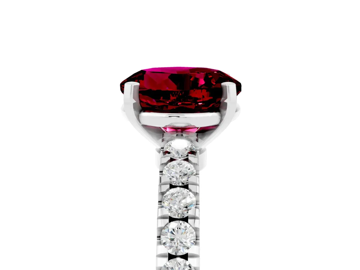 Round Cut Solitaire Garnet with Pavé Band and Four-Prong Setting Platinum