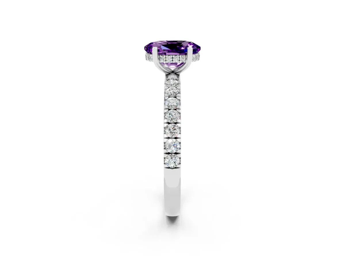 Oval Cut Amethyst Pave Band Solitaire Ring with Round and Prong Setting Platinum